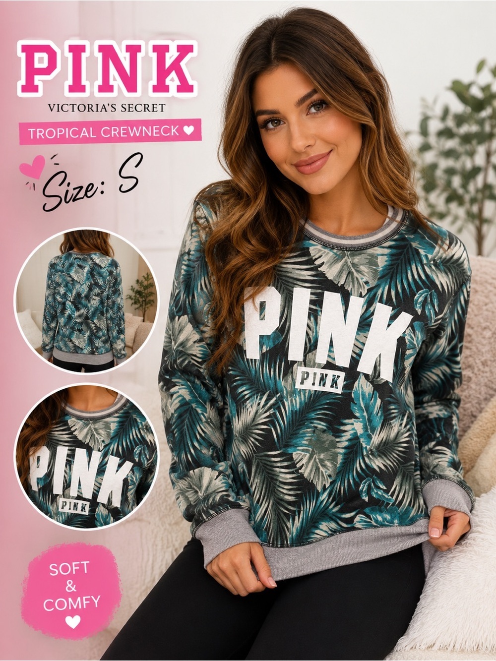 PINK Victoria's Secret Teal Palm Tropical Crewneck Sweatshirt SMALL